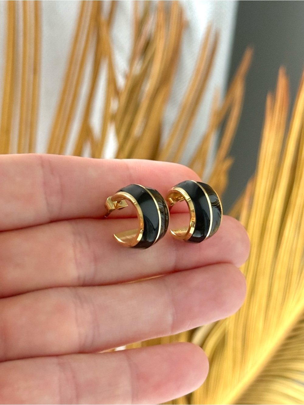Gold & Black Enamel Chunky Half Hoop Earrings 18K Gold Plated Huggies